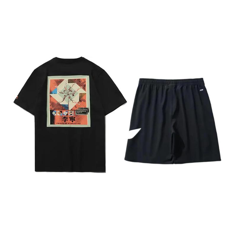 Li Ning Theme Print Fashion Breathable Round Neck Pullover Short Sleeve T-Shirt Casual Sports Set Unisex Tops AHSU971-1+YKSV197-2