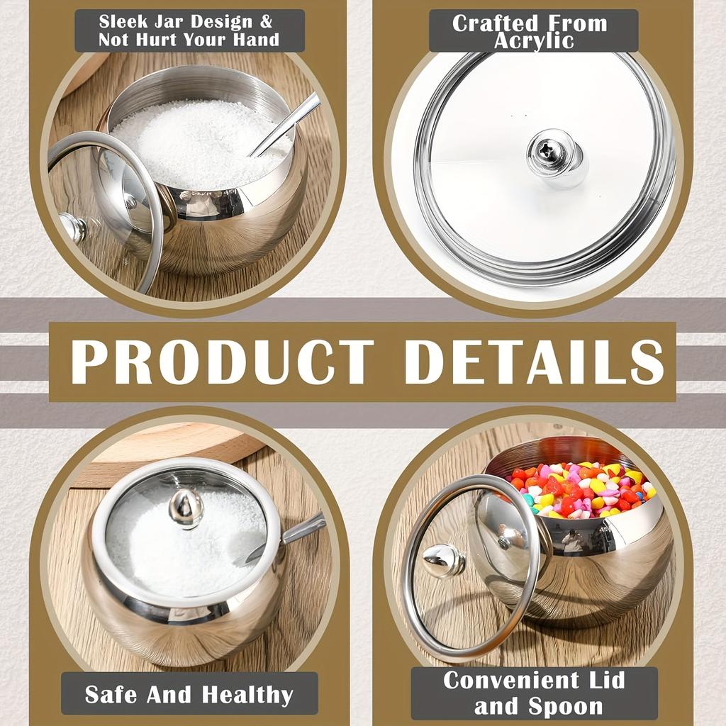 1 peça 330ml (10 onças) Açucareiro de Aço Inoxidável com Tampa de Vidro e Colher - Ideal para Acessórios de Café e Armazenamento na Cozinha