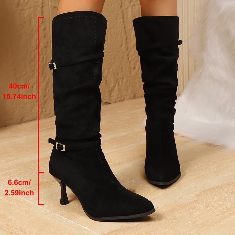 

Модные ботинки с пряжкой на тонком высоком каблуке, женские ботфорты большого размера с острым носком до колена, женские ботинки-слипоны на осень-зиму 42
