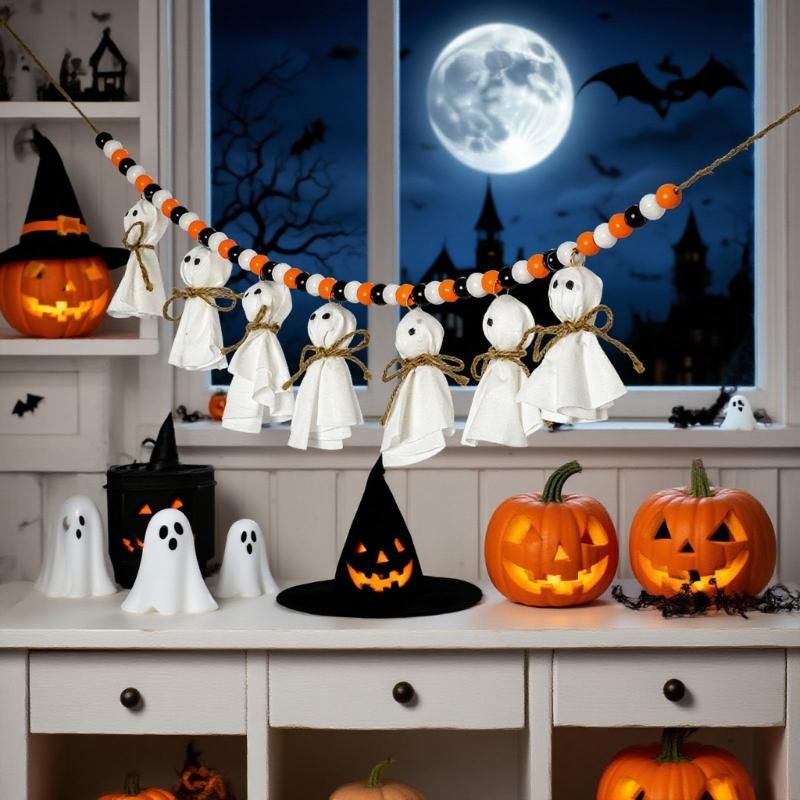 Handmade Halloween Wooden Specter Decoration With Natural Rope Beads For Indoor Wall Decoration Party Supplies