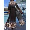 Women'S Chiffon Leopard Print Beach Cover-Up Dress - V-Neck, Long Sleeve, Tie-Waist, Lightweight & Breathable, Casual Beach Dress