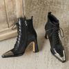 Comemore Spitzschuh Damen Stiefeletten Sexy Hohe Absätze Lederschuhe 2025 Trend Herbststiefel Schnürung Goth Botas Mujer