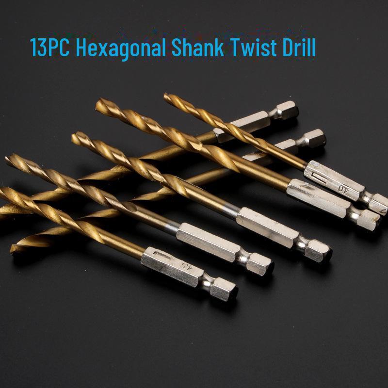 Titanium-Plated Hex Shank Drill Bit Set (13-Piece) for Electric or Pneumatic Screwdrivers, 6.35mm Shank