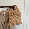 New Wooden Handle Rattan Handle Solid Color Hollow Handmade Cotton Rope Woven Bag Seaside Vacation Handbag Straw Bag