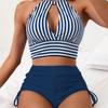 Costume da Bagno Bikini 2024 a Righe Incrociate Vita Alta - Set da Donna Sexy, Stile Semplice