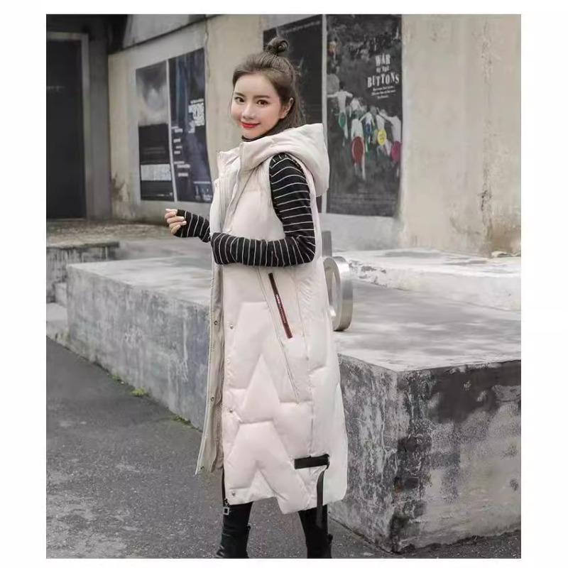 Down cotton long knee vest women's autumn and winter new fashion hooded casual vest jacket