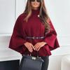 Women's Fashion Solid Waist Tie Woolen Cape Coat