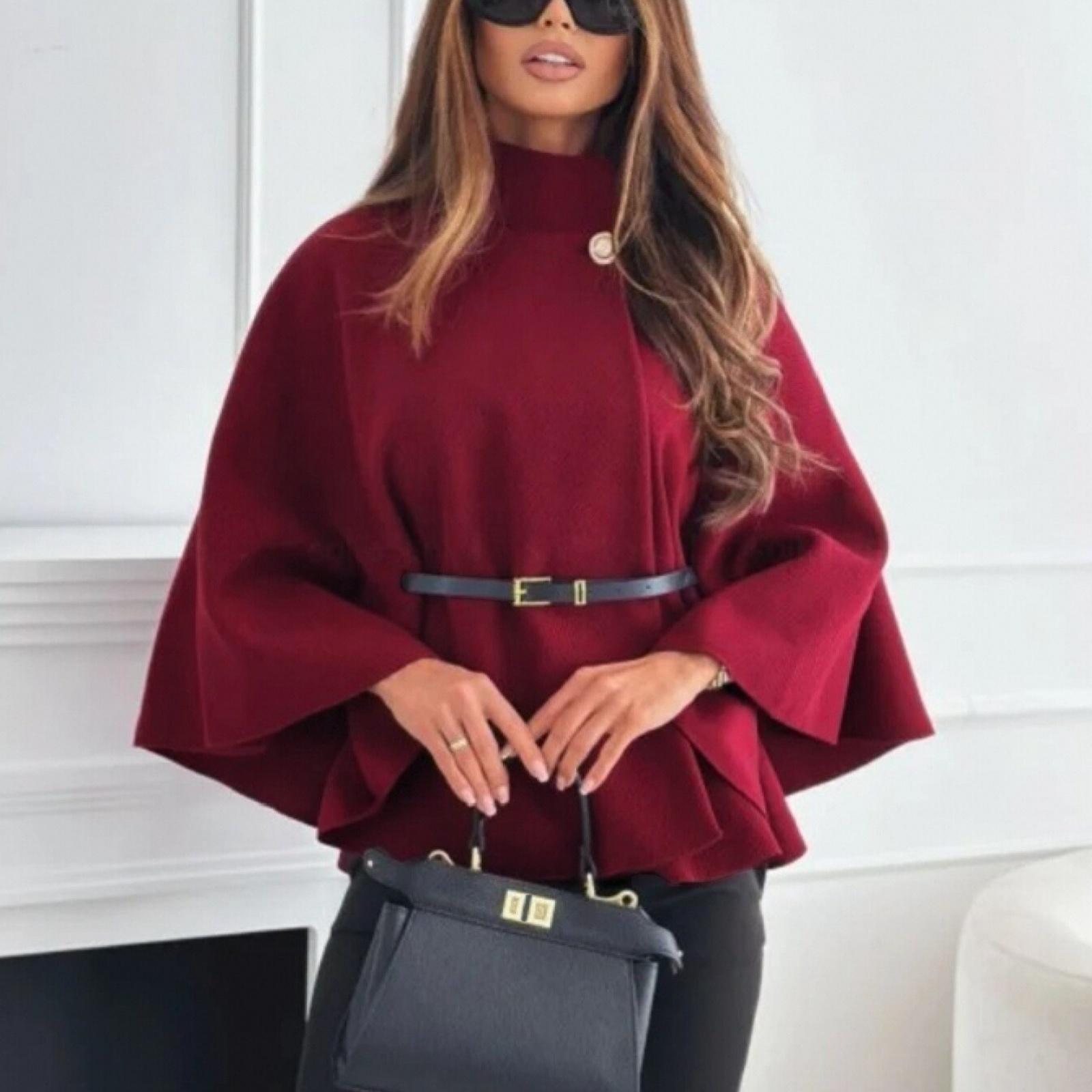 

Women s Fashion Solid Waist Tie Woolen Cape Coat L