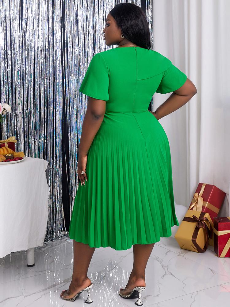 Frauen Grün Plissee Midi Kleid Kurzarm Rüschen Elegante Elastische EINE Linie Frühling Sommer Mode Kleid Party Geburtstag Robe