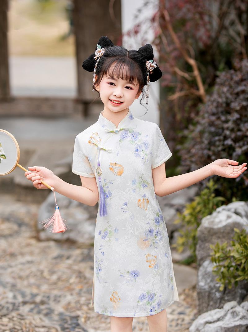 Girls Cat Print Qipao Dress - New Chinese Style Summer Wear 2026 160 cm покинуть белый