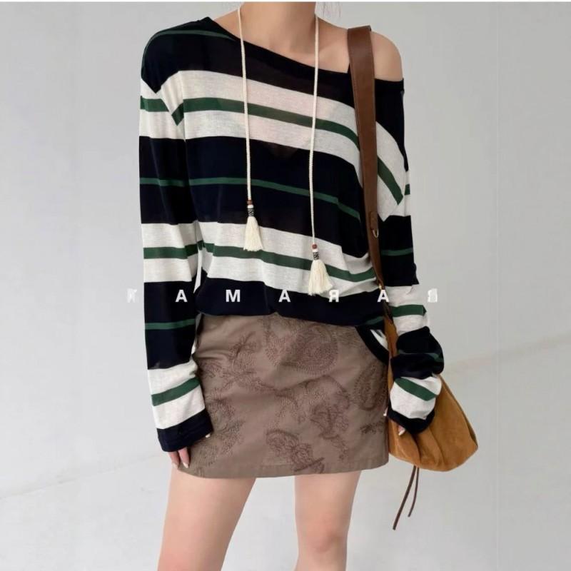 RARAMA 2026 Striped T-Shirt Lyocell Tencel Wool Blend One-Shoulder Convertible Vintage Style Sun Protection Cover-Up