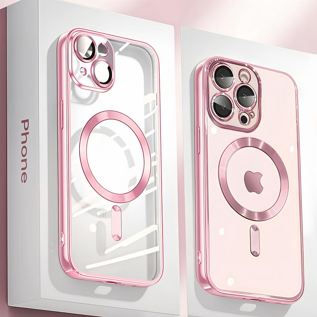 iPhone 16 15 14 13 12 11 Pro Max Plus Case Ultra Thin 0.3mm Clear Pink, Luxury Magnetic Lens Protector Cover, Anti-Scratch Phone Shell