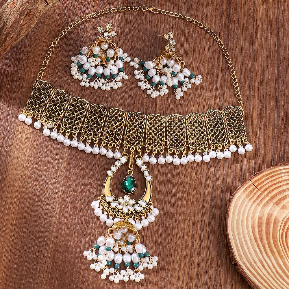 Diamond-encrusted Pearl Fringed Necklace, Earrings Set, Women's European, American Bohemian Ethnic Jewelry, Retro Fashion Jewelry.