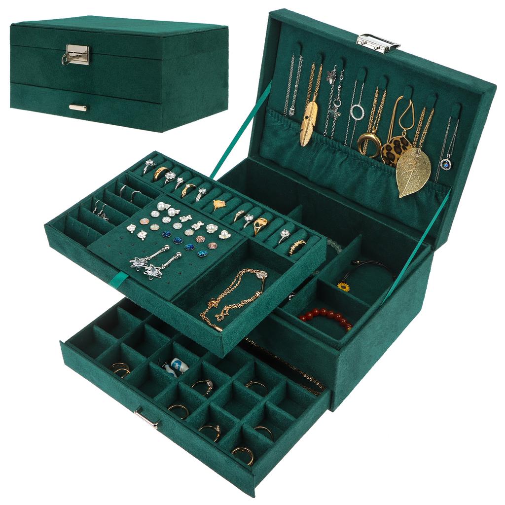 Vintage Green Flannel Jewelry Box For Women Girls, 3-Layer Large Capacity