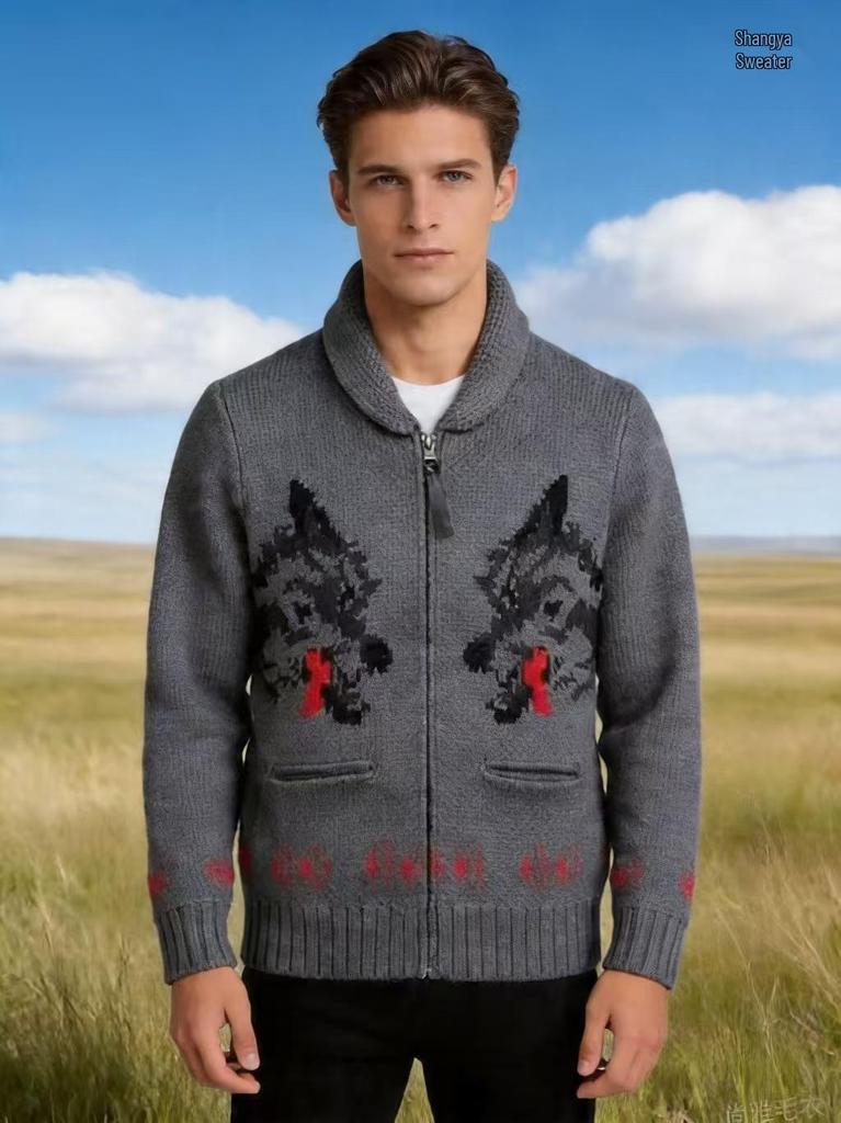 Retro Wolf Head Jacquard Zipper Cardigan: Thick Knit Unisex Sweater (2026)