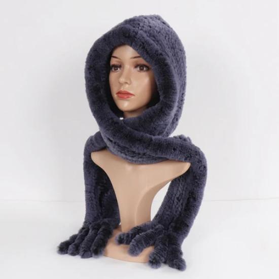 Winter Women Knitted Real Rex Rabbit Fur Hat Scarf Natural Soft Rex Rabbit Fur Hat Lady Warm Genuine Rabbit Fur Cap Scarves
