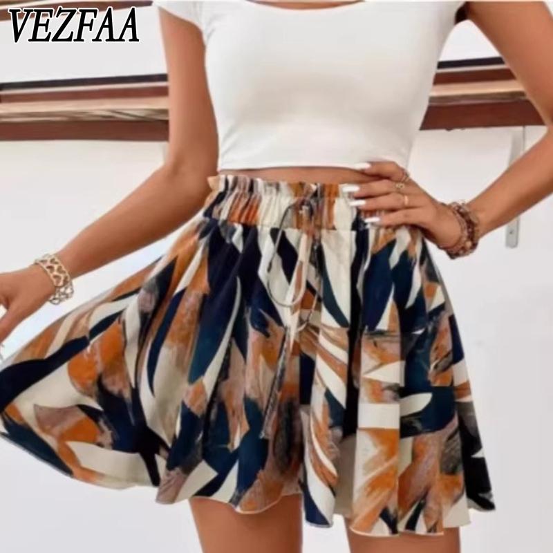 VEZFAA Women's Fashion Casual Colour Block Print High Waist Sport Shorts