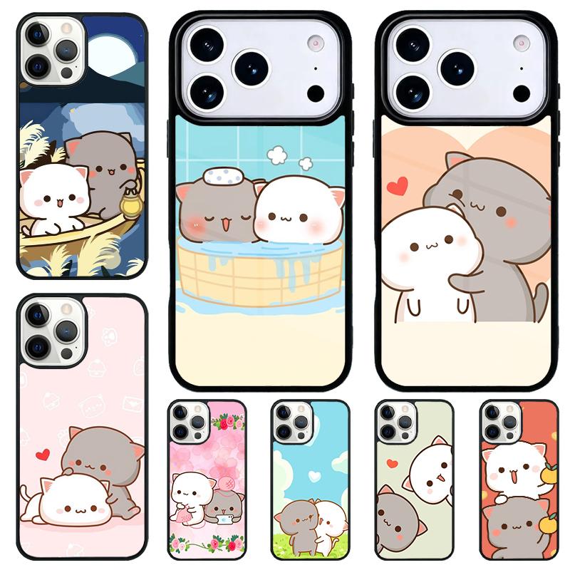 Cartoon Peach Mochi Cat Phone Case for iPhone 17 Air 16 15 11 12 14 13 Pro Max Shockproof Cover