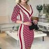 Fall Winter Women's Dresses Geometric Pattern Bodycon 7/8 Sleeve Mini Dress