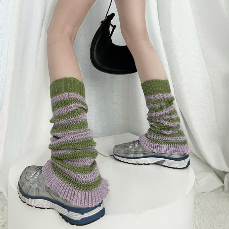 Girls Lolitas Leg Warmers Y2K Stripe Knitted Flared Leg Sleeves Goth Baggy Cuff Ankle Heap Socks JK Uniform Foot Cover