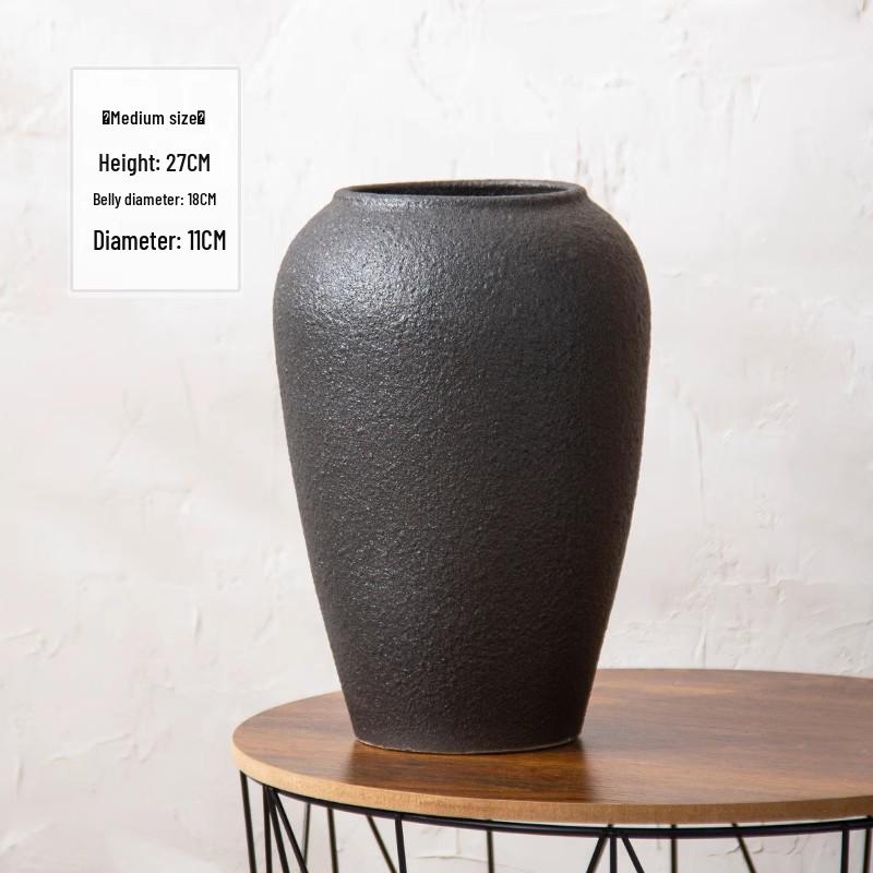 Jingdezhen Black Coarse Pottery Floor Vase: Modern Minimalist Japanese Decor for Hotel, Homestay, or Living Room.