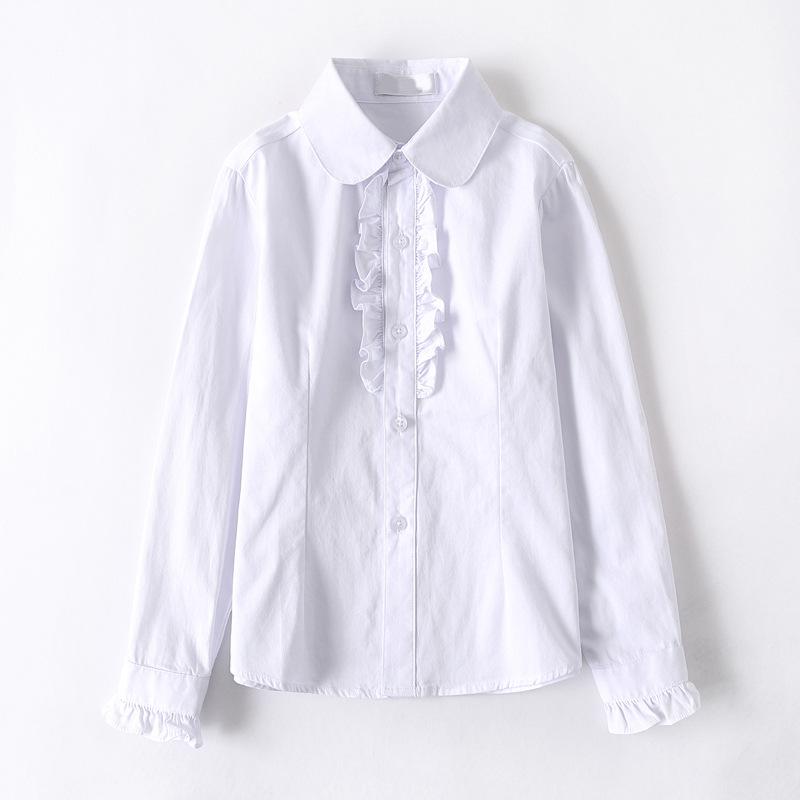 Girls' White Fleece-Lined Cotton Shirt: Long-Sleeved School Uniform for Elementary to Middle School.