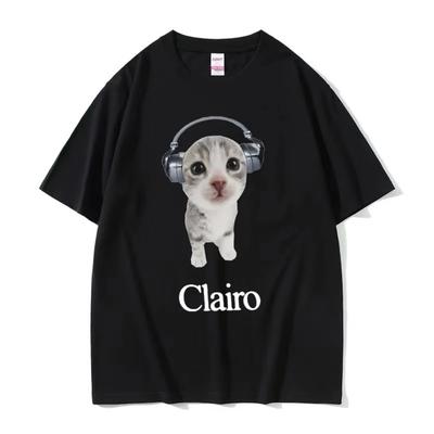 Clairo Niedliche Katze Hört Musik Lustiges Meme T-Shirts Herren Damen Freizeitmode Kurzarm-T-Shirts Männliche Baumwolle Übergroße T-Shirts
