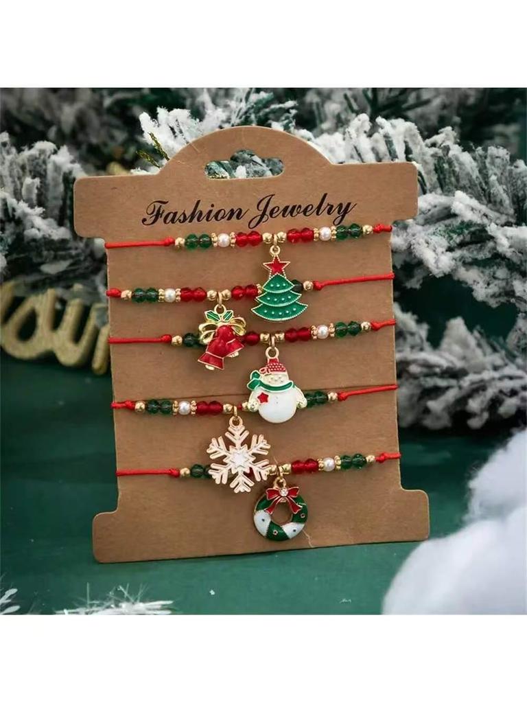 Holiday Pearl Beaded Bracelet Set with Santa & Reindeer Charms - Unisex Festive Hand Rope