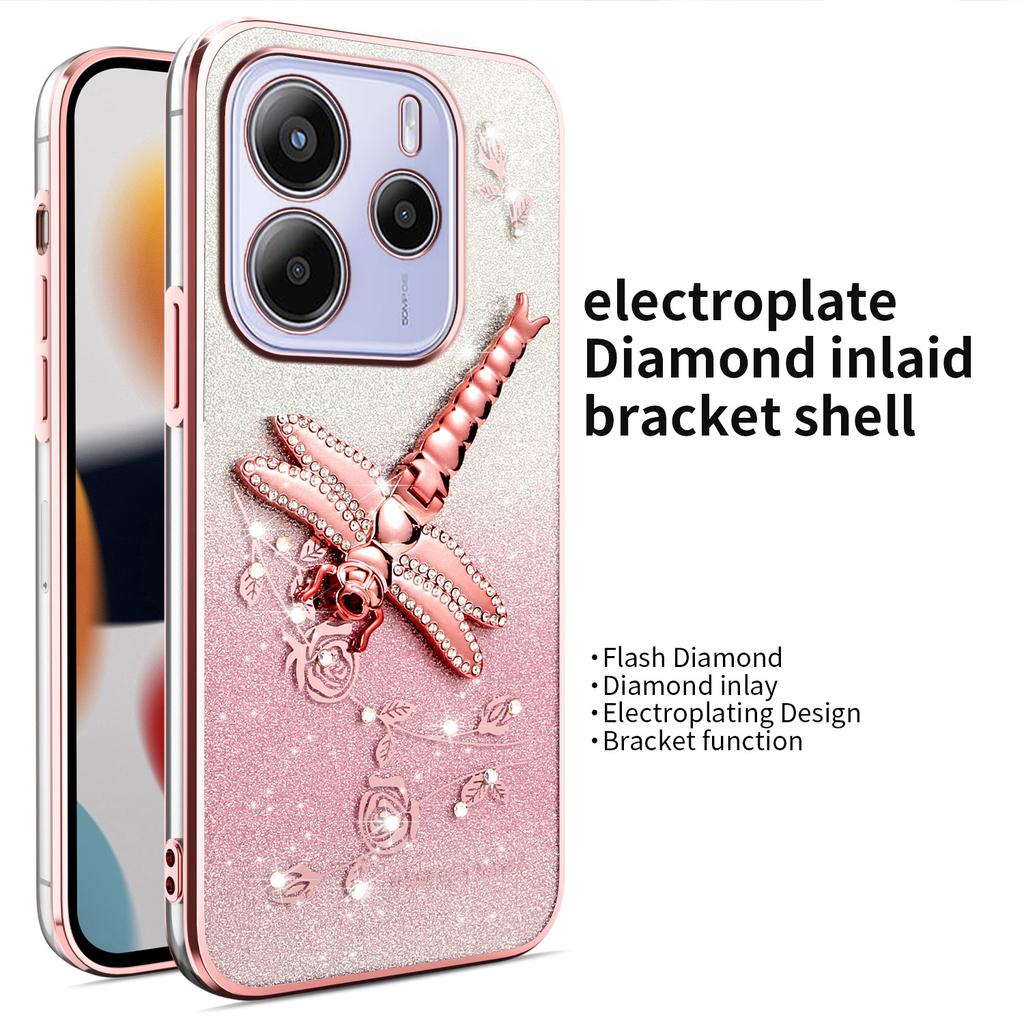 KADEM Für Xiaomi Redmi Note 14 4G (163,25 mm) Hülle Dragonfly Ständer TPU Blumen Glitzer Handyhülle