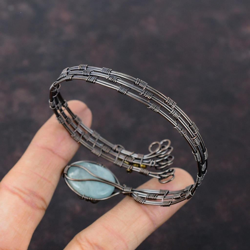 Aquamarine Bangle Copper Wire Wrapped Adjustable Cuff Bracelet Handmade Gemstone Bangle Aquamarine Copper Jewelry Gift For Mom Wire Jewelry