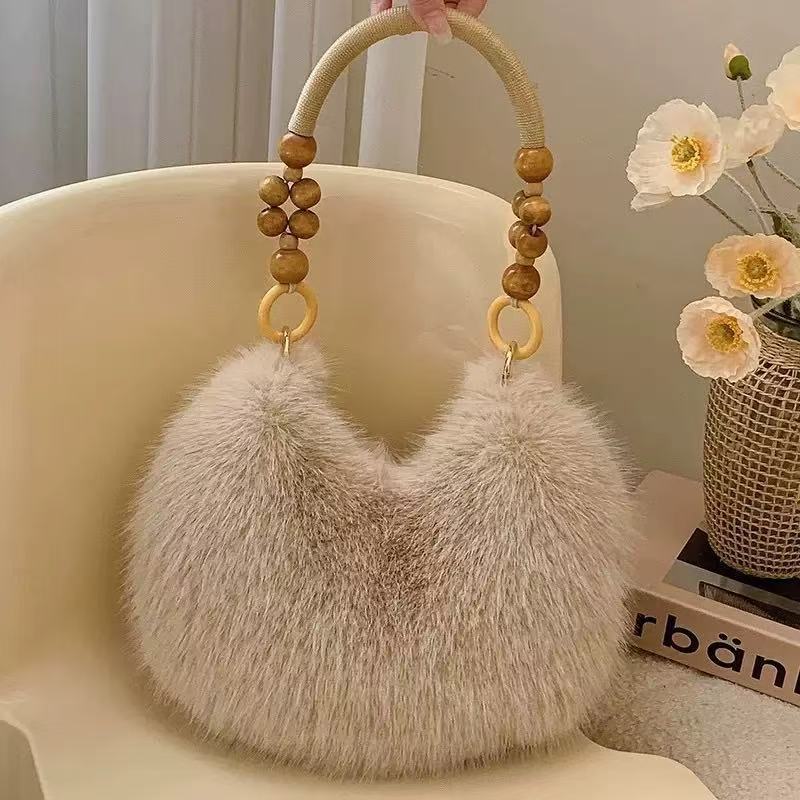 Vintage Plush Handbag With Beaded Details For Daily Casual Womens Fashion