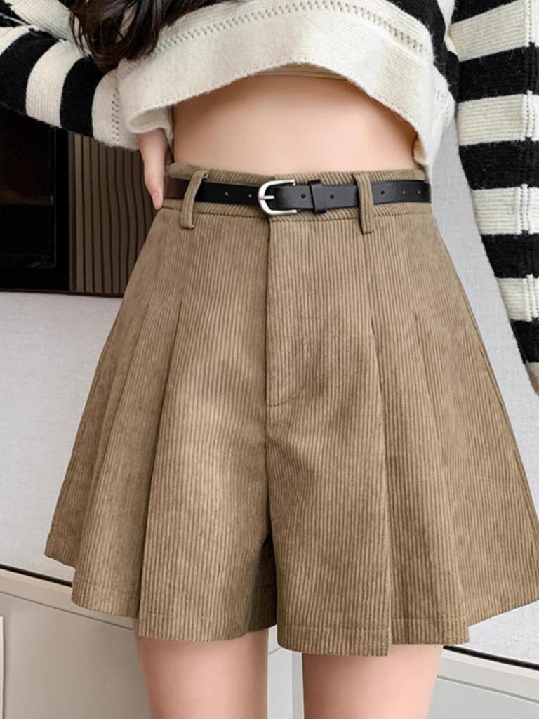 Women's High-Waist Corduroy Pleated Shorts, Coffee Color, Slimming Wide-Leg, Autumn/Winter 2025, Petite Fit.