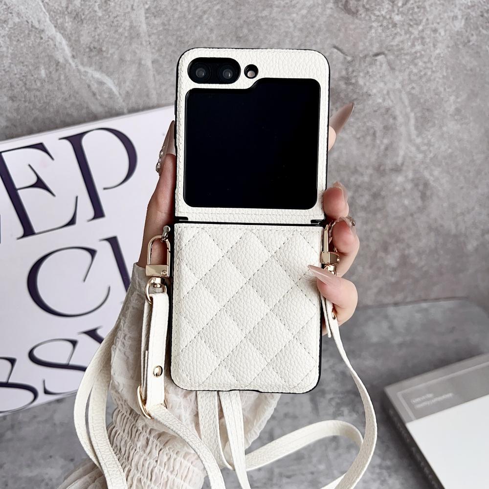 Custodia per telefono in pelle PU con motivo a griglia 3D alla moda per Samsung Galaxy Z Flip 7 6 5 4 Flip6 7FE con tracolla lunga a tracolla