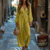 Women's Fashionable Sexy Style Deep V-Neck Long-Sleeve Solid Color  Wear Wide-Leg Pants Jumpsuit