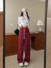 American Retro Red Plaid High Waist Wide-Leg Pants for Women - Autumn/Winter Casual Trousers