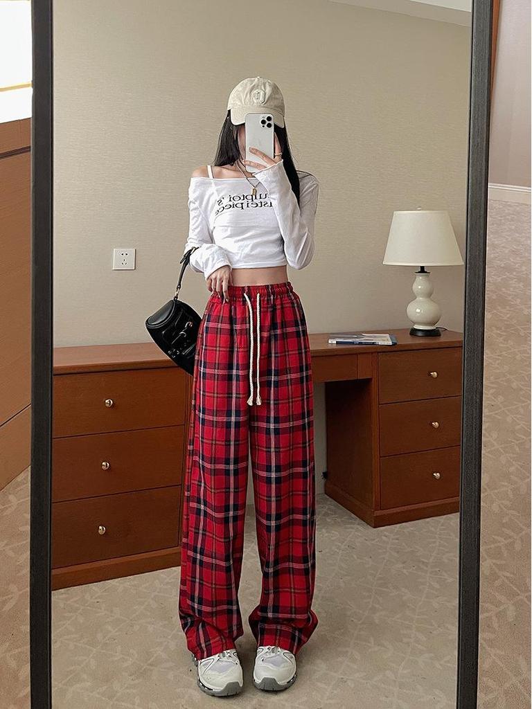 American Retro Red Plaid High Waist Wide-Leg Pants for Women - Autumn/Winter Casual Trousers