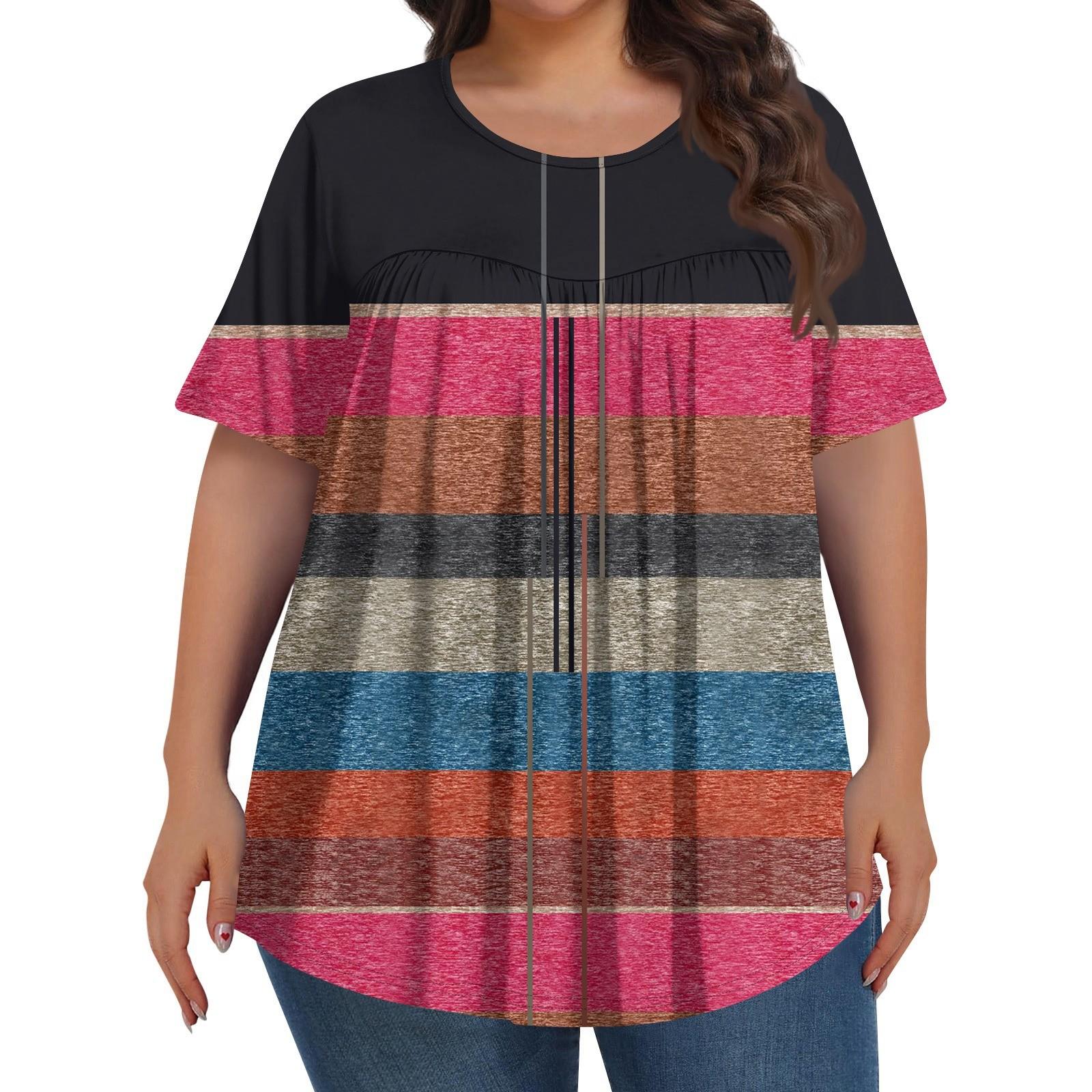 

Женская мода больших размеров, повседневный топ с короткими рукавами, геометрическим узором в полоску и принтом в горошек, круглым вырезом спереди, складками XL арбуз красный