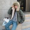 American retro black hooded long-sleeved cotton-padded jacket for women's winter loose fur collar piled thickened jacket green cotton-padded jacket