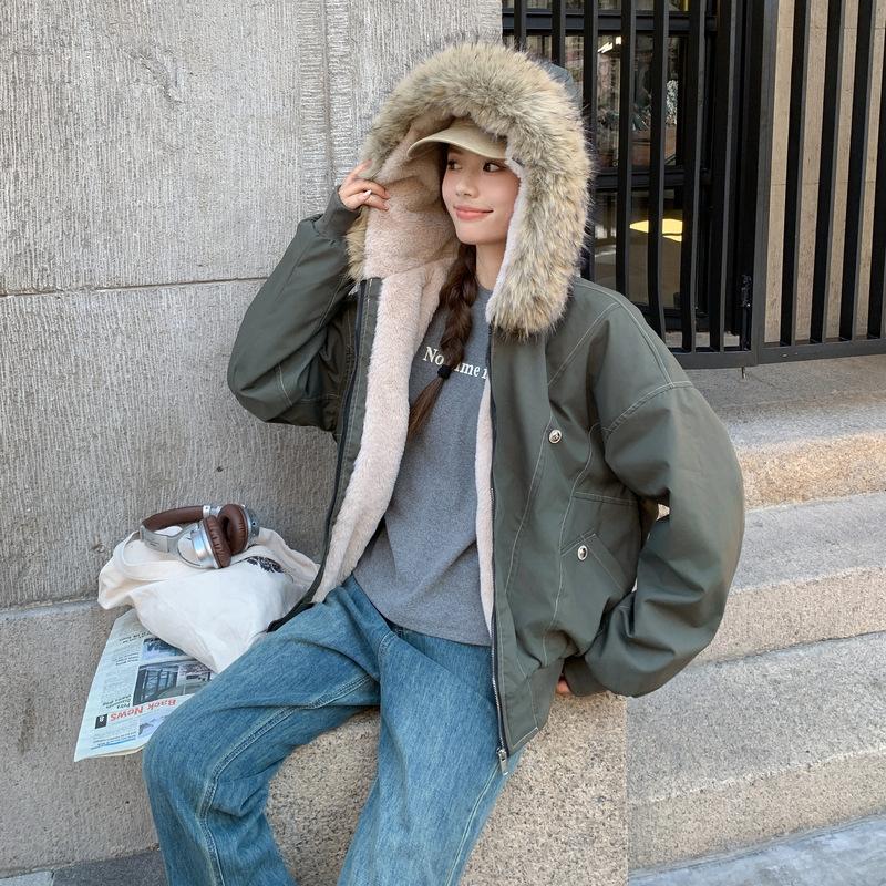 American retro black hooded long-sleeved cotton-padded jacket for women's winter loose fur collar piled thickened jacket green cotton-padded jacket