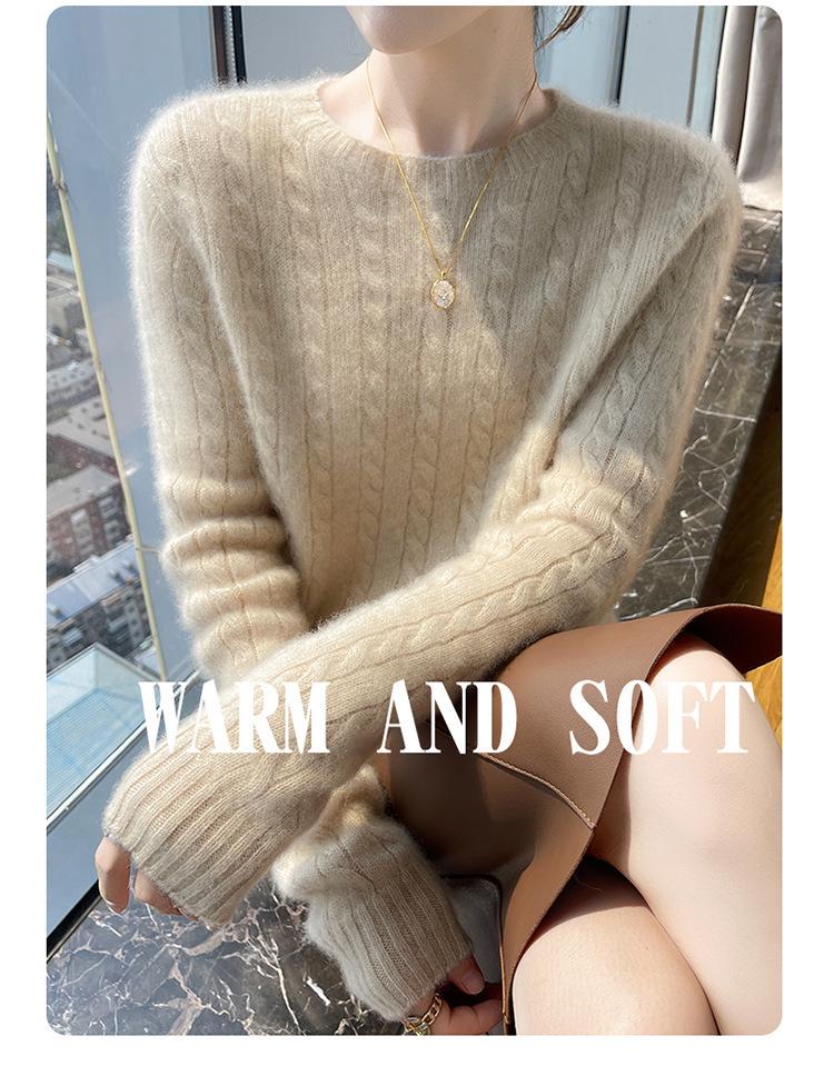 Women's 100% Pure Wool Cable Knit Sweater – Autumn/Winter Loose Fit with Round Neck, Fashionable and Versatile Knit Base Layer.
