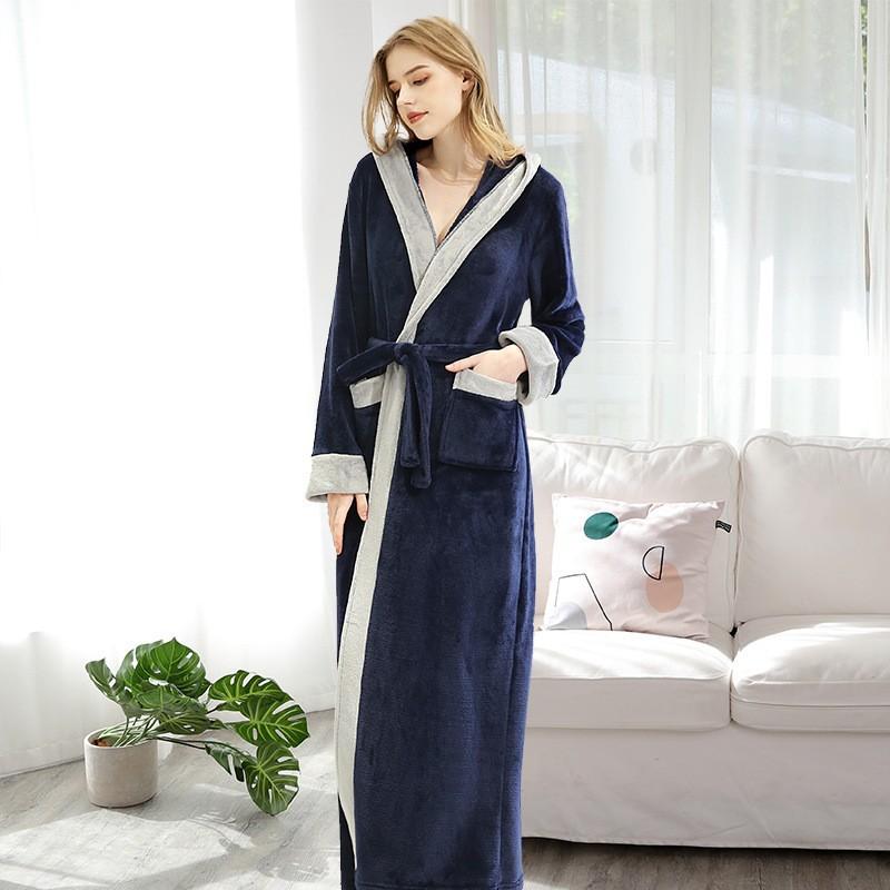Autumn And Winter Flannel Nightgown Hooded Bathrobe Coral Fleece Men'S Thickened Extended Couple Bathrobe Women