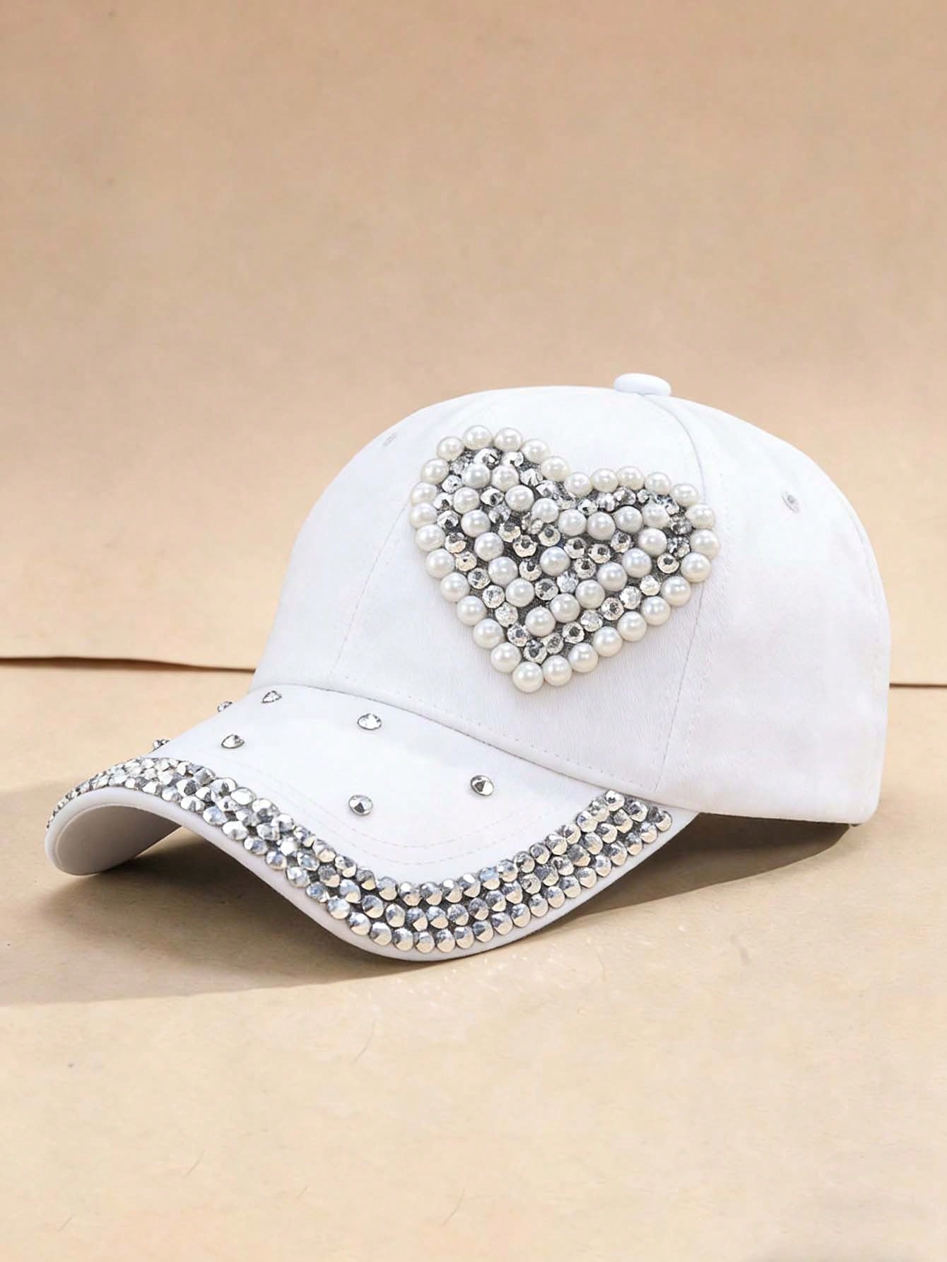 

Wimen Satin Charming Sweet Fresh Pearl Heart Rhinestone Pattern Baseball Cap Suitable for Valentine s Day Carnival Daily Outings Adjustable білий