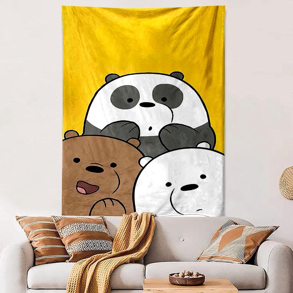 We Bare Bears Panda Grizzly Ice Bear Cartoon Yellow Wall Tapestry Cute Anime Decor for Kids Bedroom Dorm Gift