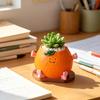 Cute Smiling Orange Succulents Planter, Realistic Orange Shaped Pot with Wooden Base, Kawaii Desktop Decor for Office Desk, Indoor Small Plant Pot