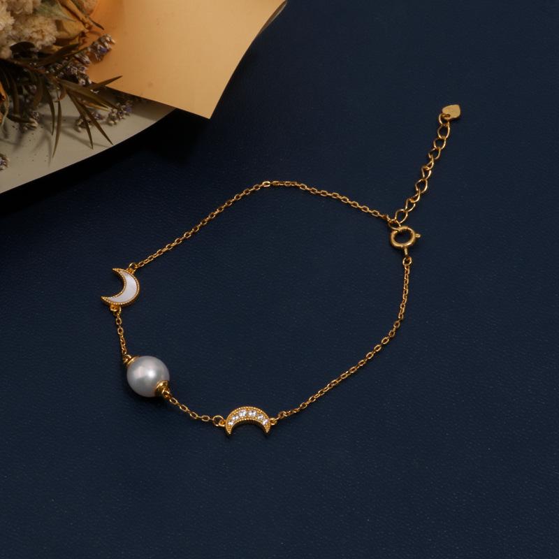 925 Sterling Silver Crescent Moon & Freshwater Pearl Bracelet - Women's New Spring Fashion Arrival