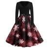 Women's Retro V-Neck Christmas Print Dress with Snowflake and Christmas Tree Pattern
