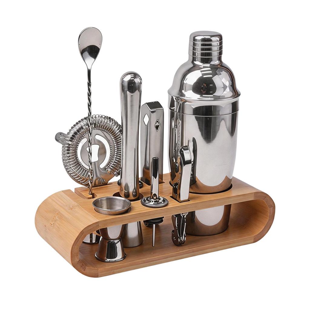Bartender Barware Set: Wooden Cocktail Tools with Bamboo Storage Base and Stainless Steel Shaker