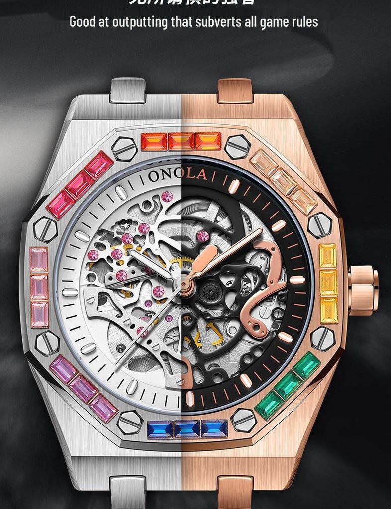 ONOLA Montre Homme Automatique Mécanique Fashion Diamants Arc-en-ciel Bracelet Silicone Étanche