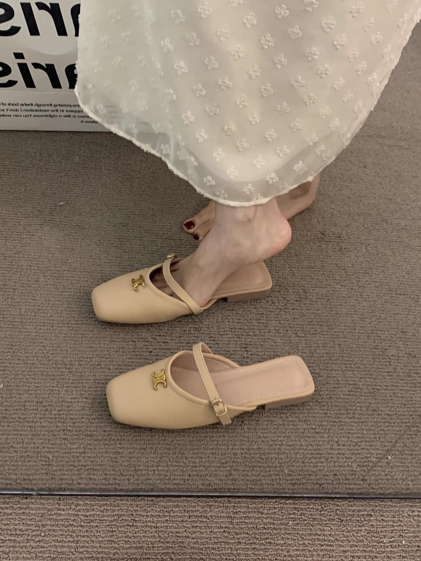 Premium black bag head half slippers women s outer wear French gentle evening temperament muller shoes Mary Jane single shoes 35