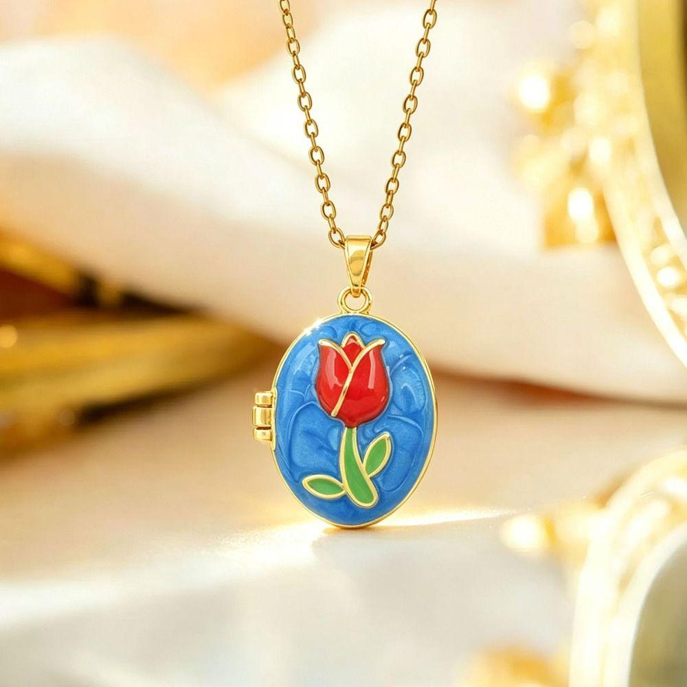 Titanium Steel Photo Locket Pendant Necklace Opening and Closing Lid Gold Clavicle Chain  Girl